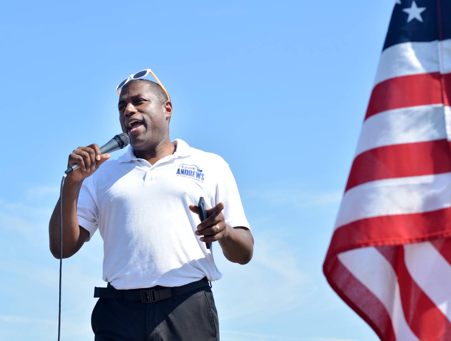 Eddie Andrews, a Republican candidate for governor of Iowa, speaks during the Jasper County Republican Party Trapshoot fundraiser on Sept. 13 at the Jasper County Gun Club in Newton.