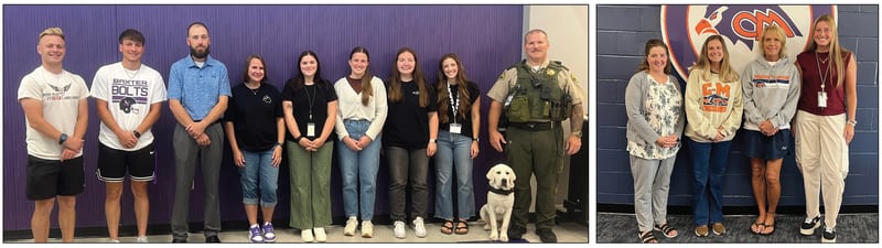 New teachers for Baxter, left, and Colfax-Mingo, right, kicked off the school year Aug. 25. Baxter also welcomed a new furry friend in John, or “Johnny Bolt,” a Crisis Canine in training.