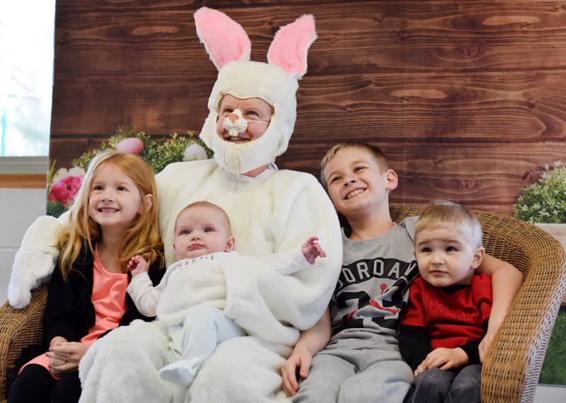 The Easter Bunny poses for pictures during the Spring Celebration on April 2 at the Prairie City Community Building.