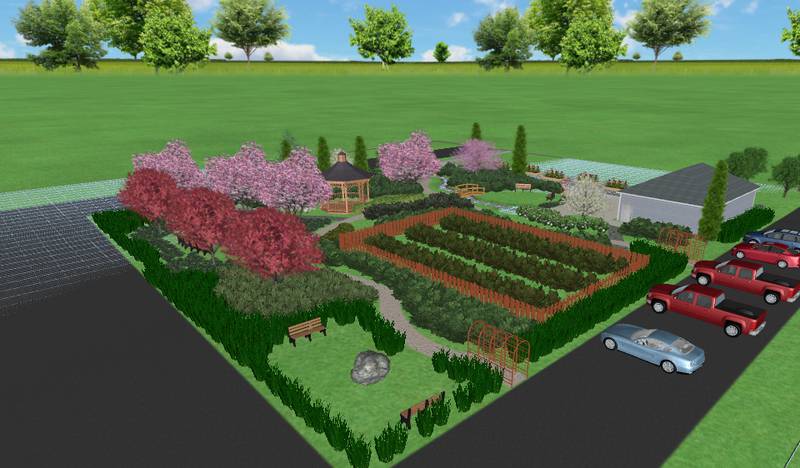 Digital illustrations created by Iowa State University's Rising Star interns Jake Guthrie and Kaylee Kleitsch show how the Jasper County ISU Extension and Outreach office's community inspiration garden could look like when fully completed.