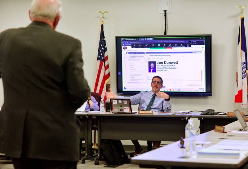 Newton Superintendent Tom Messinger speaks to Sen. Ken Rozenboom and Rep. Jon Dunwell at a past school board meeting at the E.J.H. Beard Administration Center.