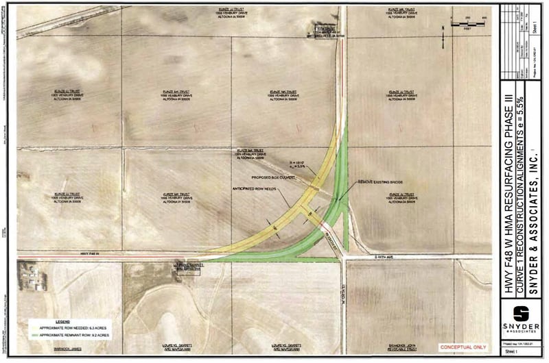 Designs show how a proposed curve on F-48 West would be reworked. The Jasper County Board of Supervisors approved the additional work for the third phase of the F-48 West resurfacing project, which includes the reworked curve and a bridge replacement.