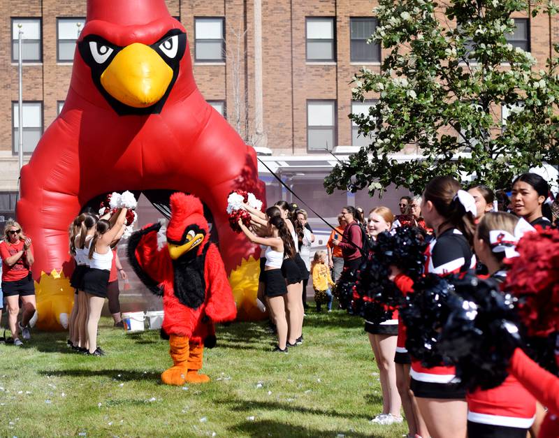 Pacesetters and cheerleaders welcome the Cardinals mascot for a pep rally on Sept. 4 outside the Jasper County Courthouse in downtown Newton.