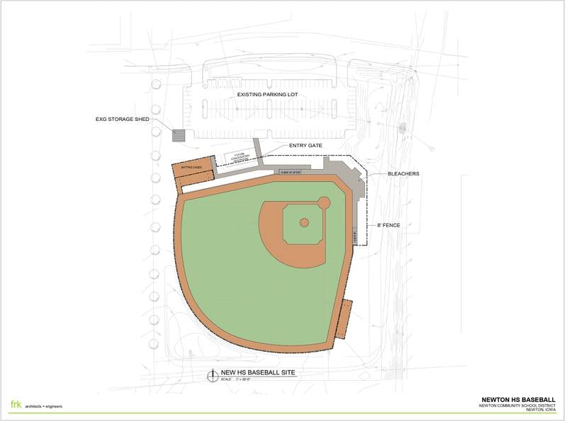 Updated designs from FRK Architects Engineers of the new Cardinal baseball field move the home plate to the northeast corner rather than the northwest corner. Members of the Newton Community School District's baseball committee say this change is better for player safety and quality-of-life.