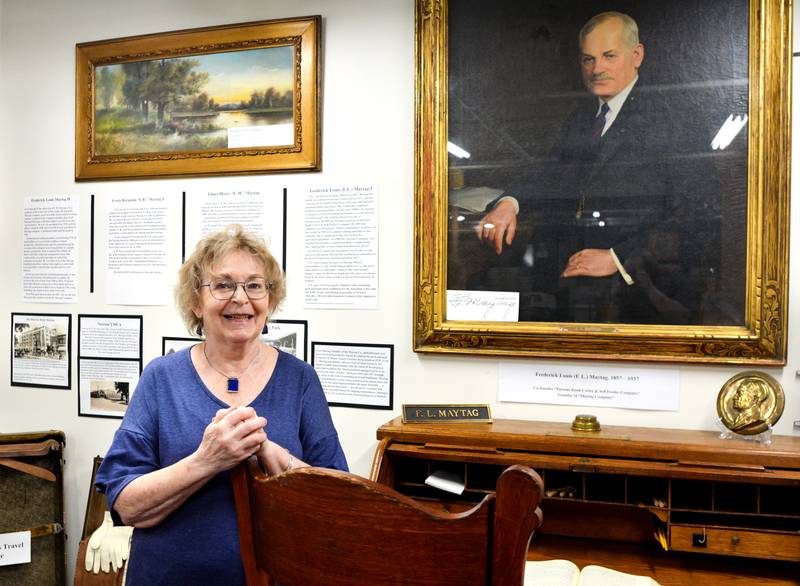 Lynne Whelan, director of the Jasper County Historical Museum, showcases the newly established Maytag room, which features the many different endeavors the Maytag family was involved in over the years.
