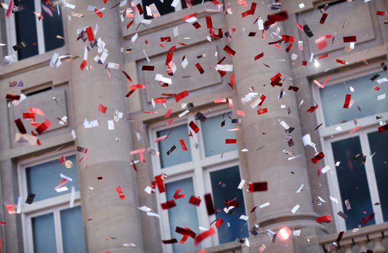 Crowds gathered for the RVTV broadcasts shoot off confetti cannons on Sept. 4 in downtown Newton. Residents wore their Hawkeye or Cyclone gear in preparation for the Cy-Hawk game the next day and treated the RVTV crews to a Cardinal pep rally.
