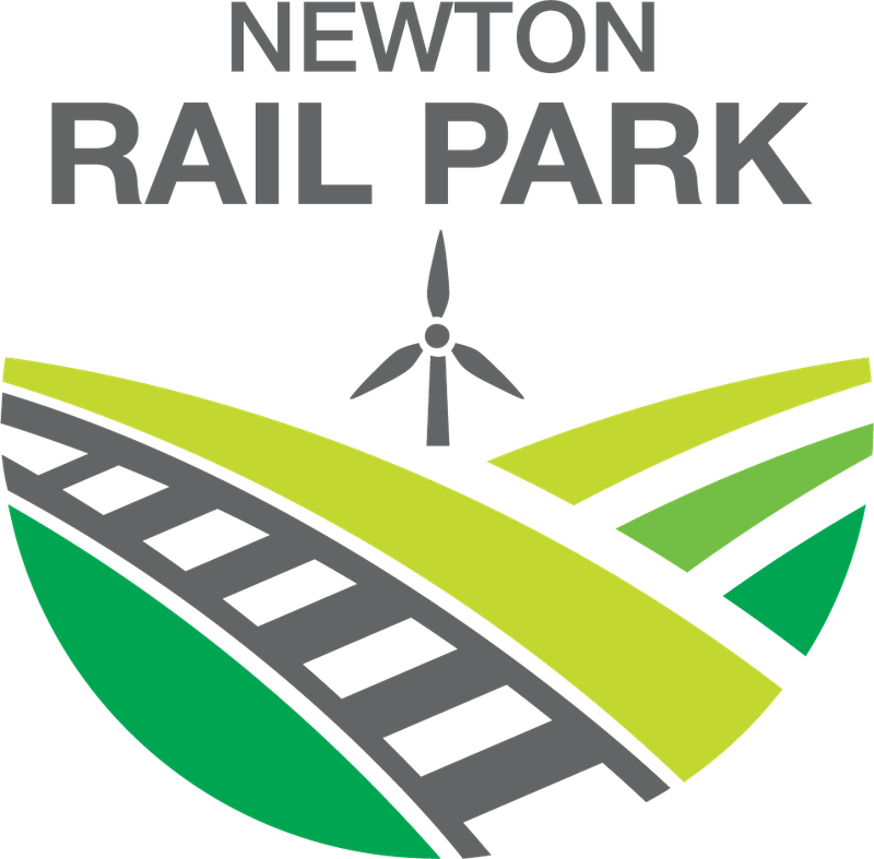 The logo of Iowa Interestate Railroad's Newton Rail Park designed in part by Alliant Energy showcases not only the railroad but a wind turbine, whose manufacturer would take advantage of the nearby transportation.