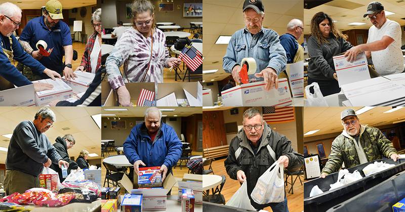 Volunteers and veterans participate in a care package event Monday, Dec. 29, 2025 at the American Legion Post 111 in Newton. The care packages will be going to the unit of the two Iowa National Guard soldiers who were killed in action in Syria.