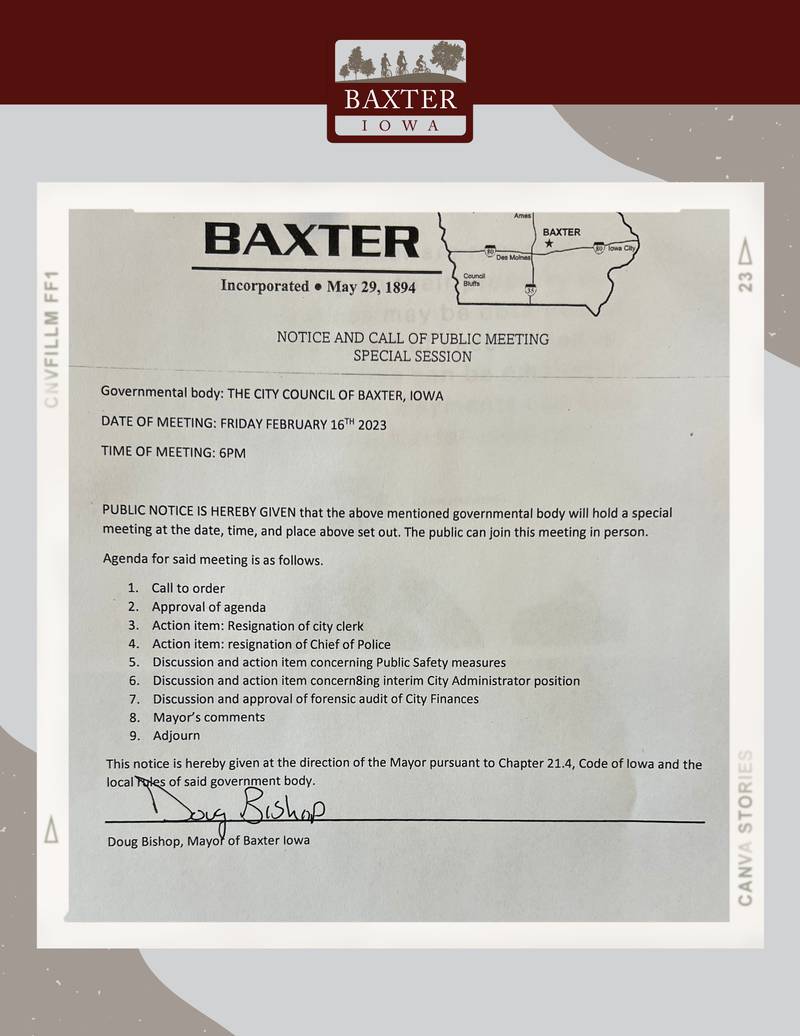 Baxter City Council called for a special meeting on Feb. 16 to approve the resignations of the police chief and city clerk.
