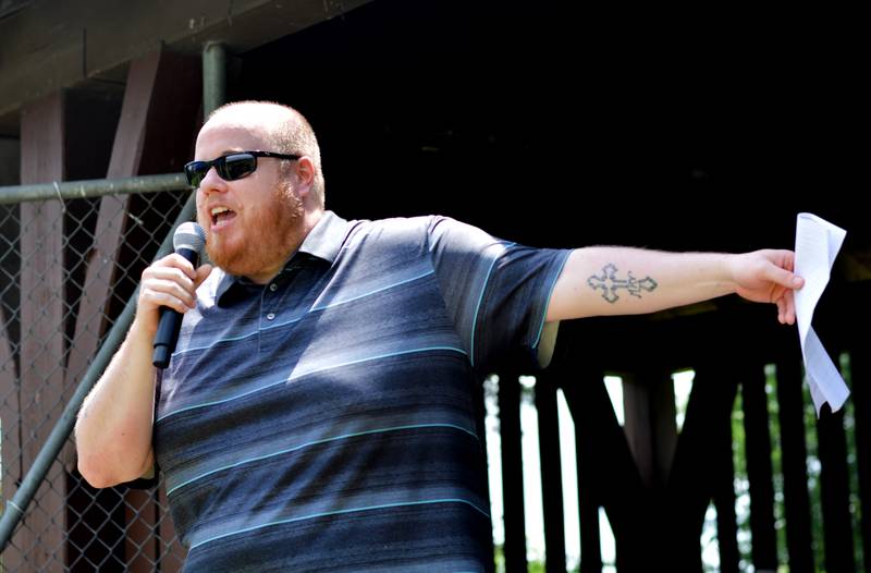 Travis Terrell, a Democratic candidate vying for Iowa's 1st Congressional District seat, speaks for the working class during a potluck picnic hosted by the Jasper County Democratic Party on June 28 at Maytag Park in Newton.