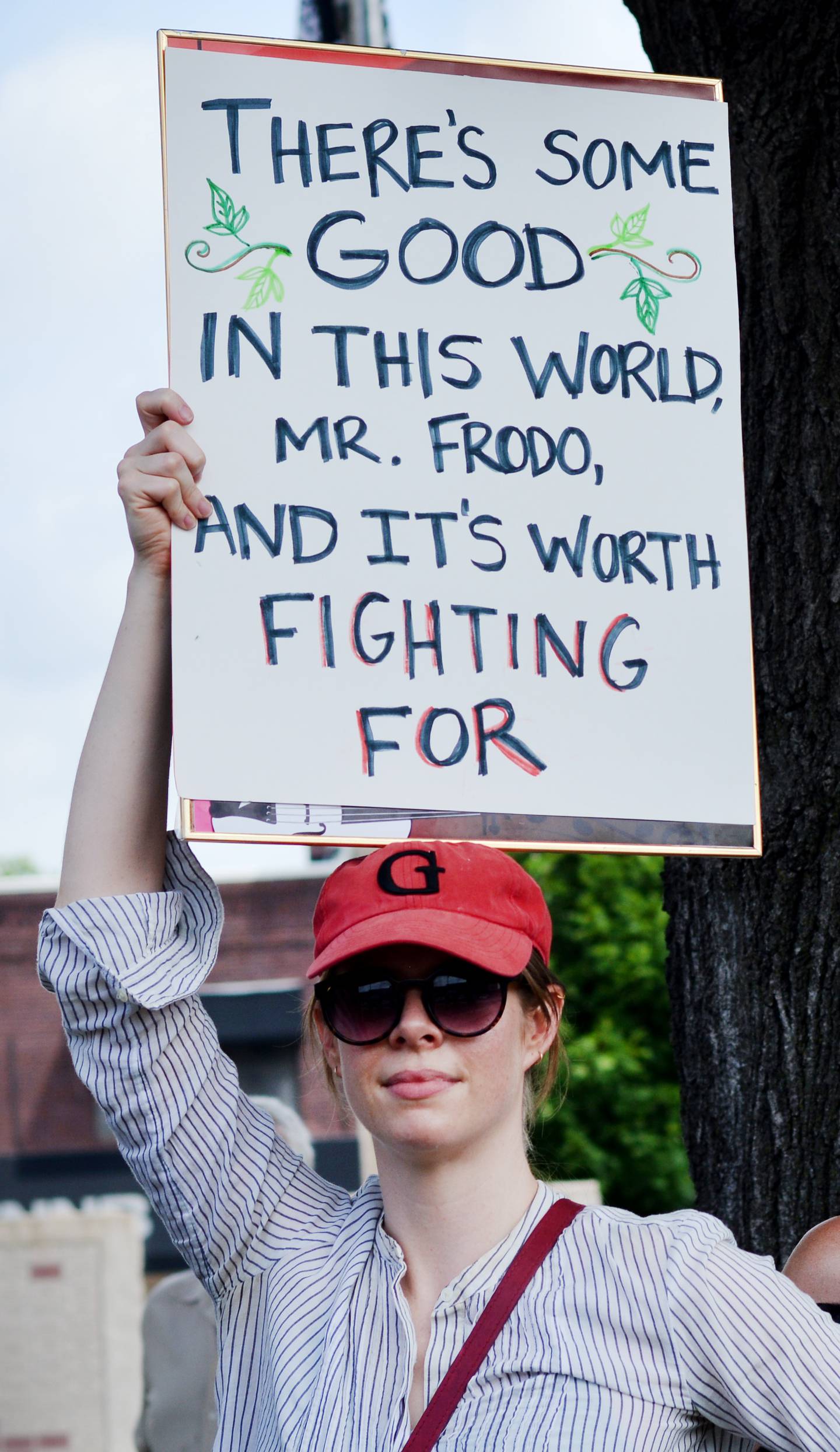 A protestor displays a sign referencing "The Lord of the Rings: The Two Towers" during the "No Kings" protest June 14 at the Jasper County Courthouse in Newton.
