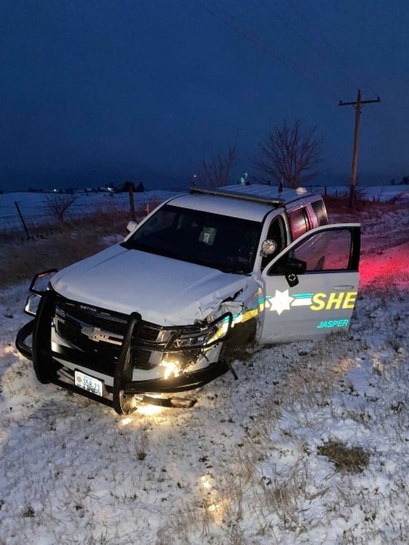 Jasper County Deputy Brandon Bruxvoort's vehicle was damaged in a head-on crash March 31 along Highway F17 in southeast Jasper County. Neither Bruxvoort or the other driver was hurt.