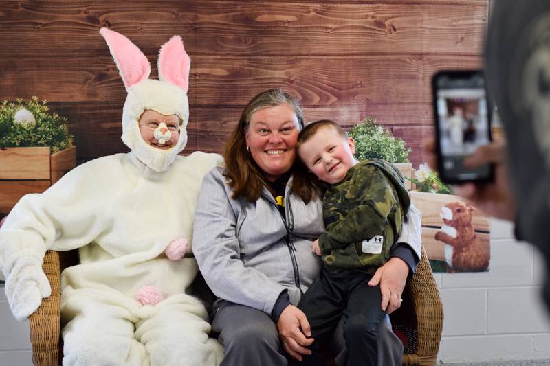 The Easter Bunny poses for pictures during the Spring Celebration on April 2 at the Prairie City Community Building.