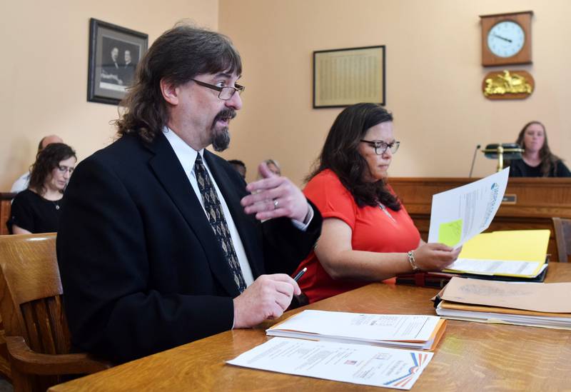 Jasper County Attorney Scott Nicholson and Jasper County Board of Health Administrator Becky Pryor speak to the board of supervisors on June 6 about the applicants seeking opioid settlement funding. All five recommendations – totaling more than $259,000 – were approved by the supervisors.