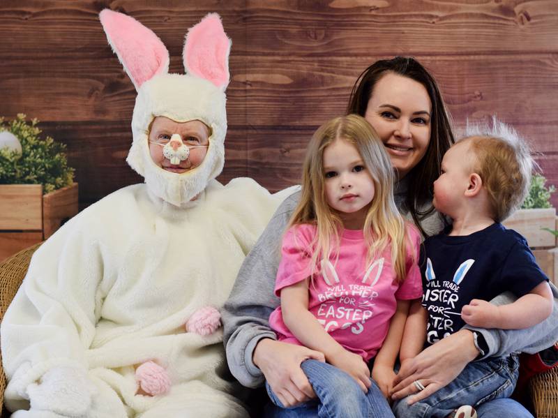 The Easter Bunny poses for pictures during the Spring Celebration on April 2 at the Prairie City Community Building.