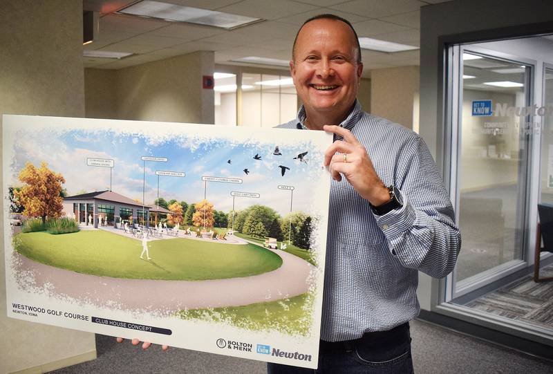Newton Community Services Director Brian Laube showcases site plan concepts of what the new clubhouse and other attractions could look like at Westwood Golf Course.