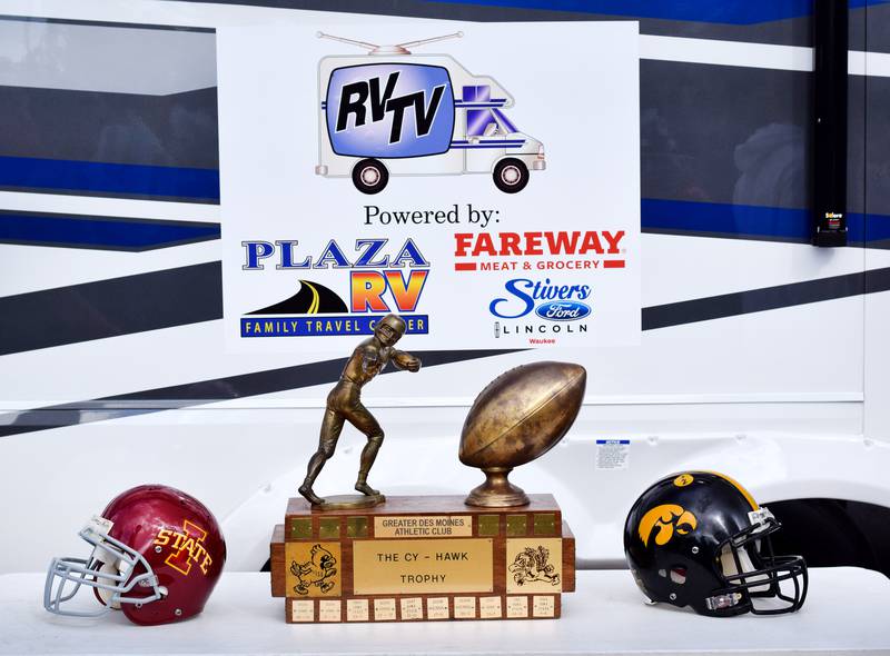 The former Cy-Hawk trophy was on display outside the RVTV in downtown Newton.