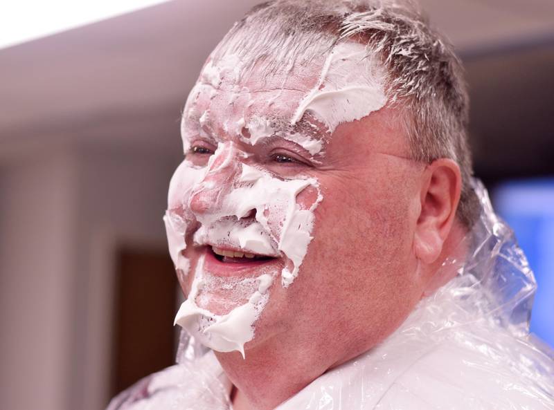 As a result of Rotary raising more funds for the Salvation Army than Kiwanis, Captain  Tim North voluntarily took a pie to the face during a volunteer recognition dinner April 19 at the organization's Newton headquarters.